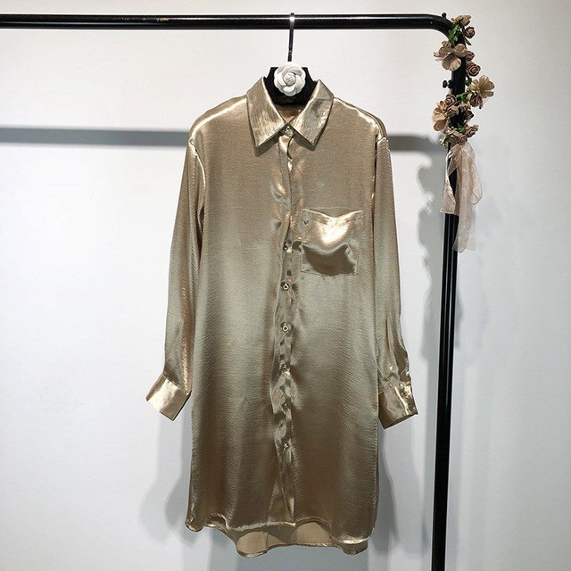 2019 Spring Fashion Streetwear Metallic Satin Shirt Dress Women