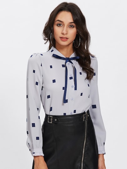 Square Print Bow Tie Neck Blouse | ROMWE