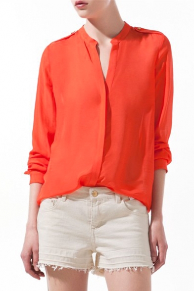 Orange Long Sleeve Stand-Up Collar Blouse - Beautifulhalo.com