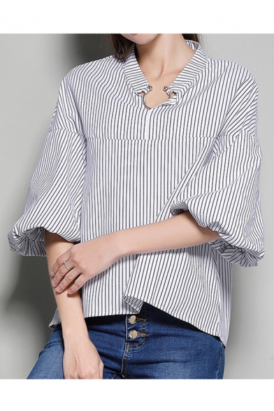 New Arrival Lantern 3/4 Length Sleeve Stand Up Collar Striped Blouse