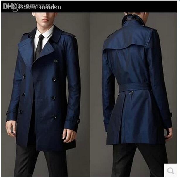 2019 Fall Blue Khaki Double Breasted Long Black Trench Coat Men