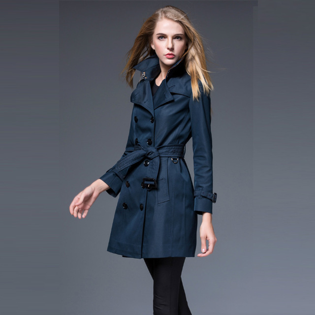 Women's New Coats Spring Autumn Navy blue Middle Trench Coat Slim