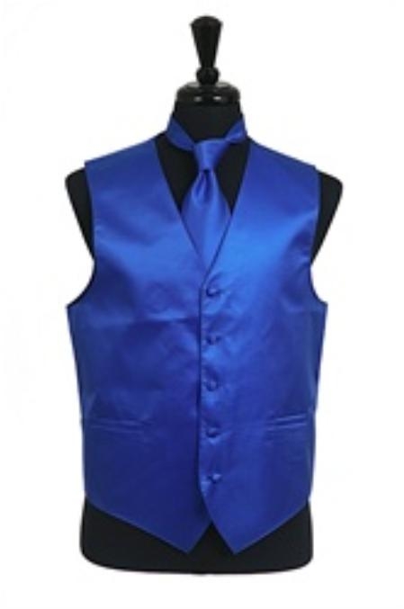 Horizontal Rib Pattern Vest Tie Set Royal Blue