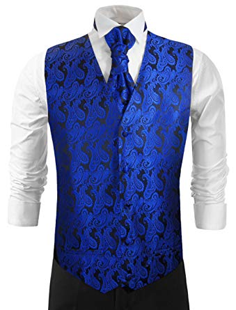 Royal Blue Paisley Wedding Vest with Tie, Cravat, Pocket Square and