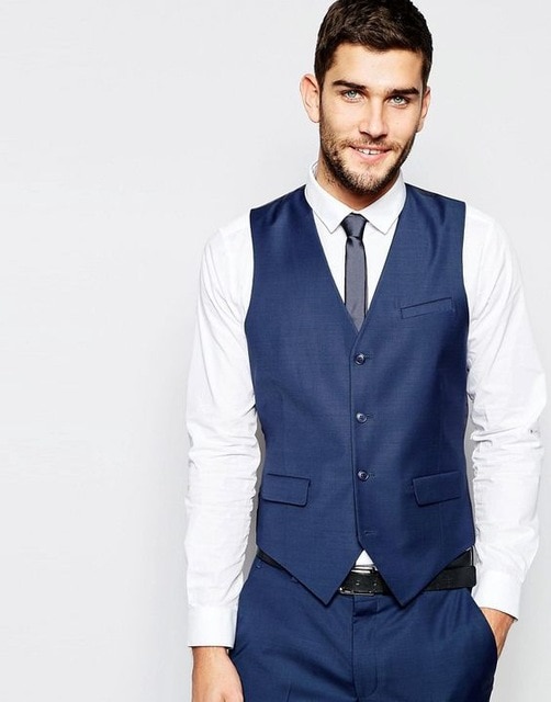 2017 Newest Tailor Made Navy Blue Vests For Men Slim Fit Mens