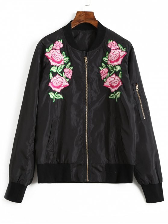 55% OFF] 2019 Floral Embroidered Bomber Jacket In BLACK M | ZAFUL