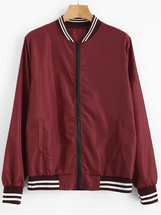 41% OFF] 2019 Zip Up Light Bomber Jacket In RED WINE M | ZAFUL