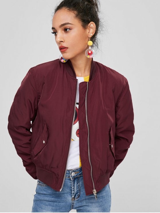 32% OFF] 2019 Zip Up Bomber Quilted Jacket In RED WINE S | ZAFUL