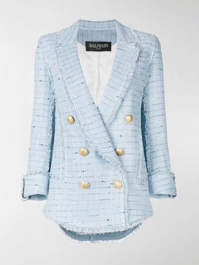 Balmain blue Polyamide double breasted bouclé blazer| Stefaniamode.com