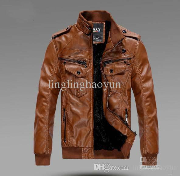 Men'S PU Locomotive Leather Jacket Coat Thickening Fur Outerwear