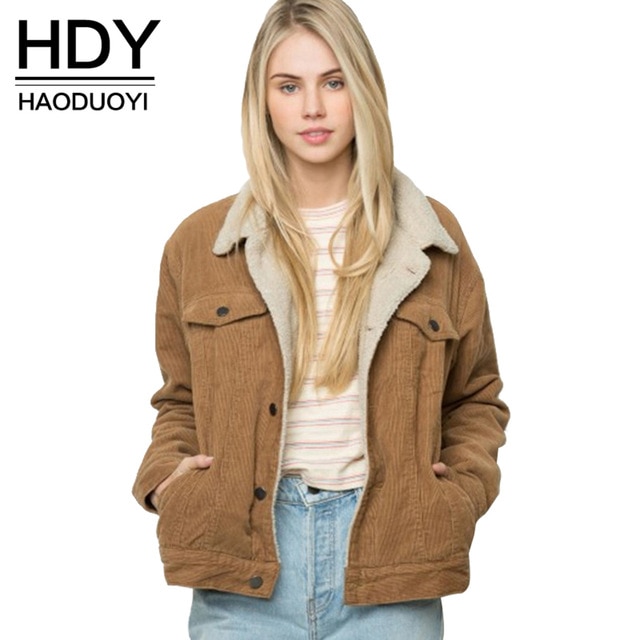 HDY Haoduoyi Winter Casual Brown Corduroy Long Sleeve Turn down