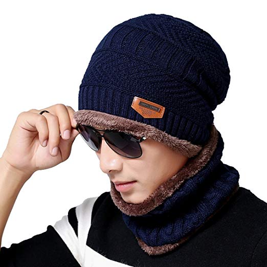 Men's Beanie Hat Scarf Set Knit Hat Warm Thick Winter Hat (Navy) at