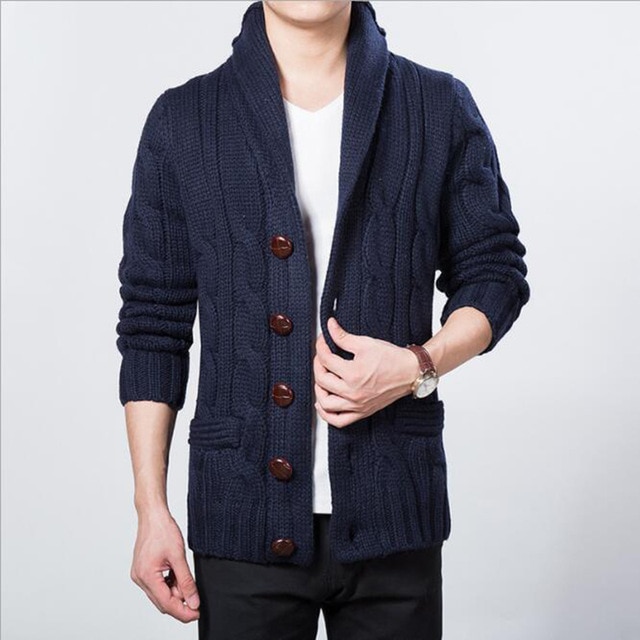Korean Fashion Wooden Button Winter Male Cardigan Sweater Men Shawl