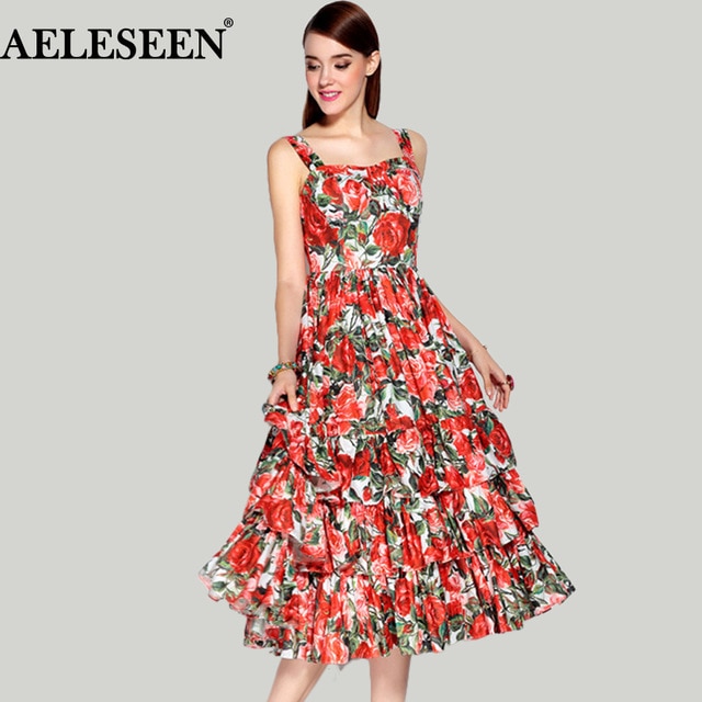 Vintage Elegant Dresses 2019 Spring Summer Fashion Red Print Ladies