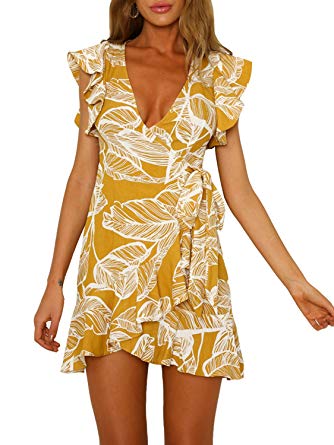 Amazon.com: Swmmer Liket Print Yellow Womens Mini Dresses Summer