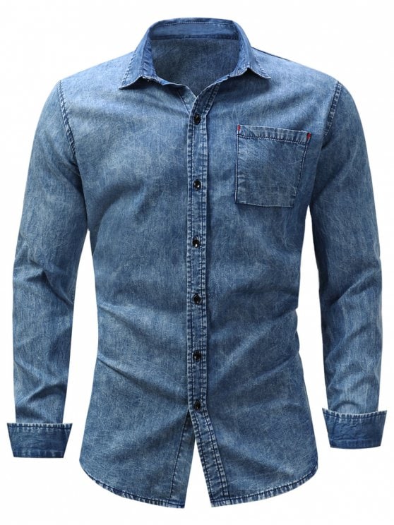 24% OFF] 2019 Turndown Collar Pocket Bleached Effect Chambray Shirt