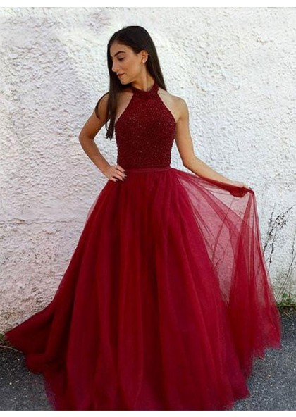 Cheap A-Line/Princess Burgundy Tulle Backless 2019 Prom Dresses