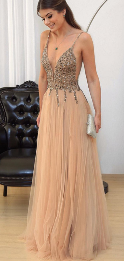 Cheap prom dresses Champagne Prom Dress, V-neck Evening Gowns,Tulle
