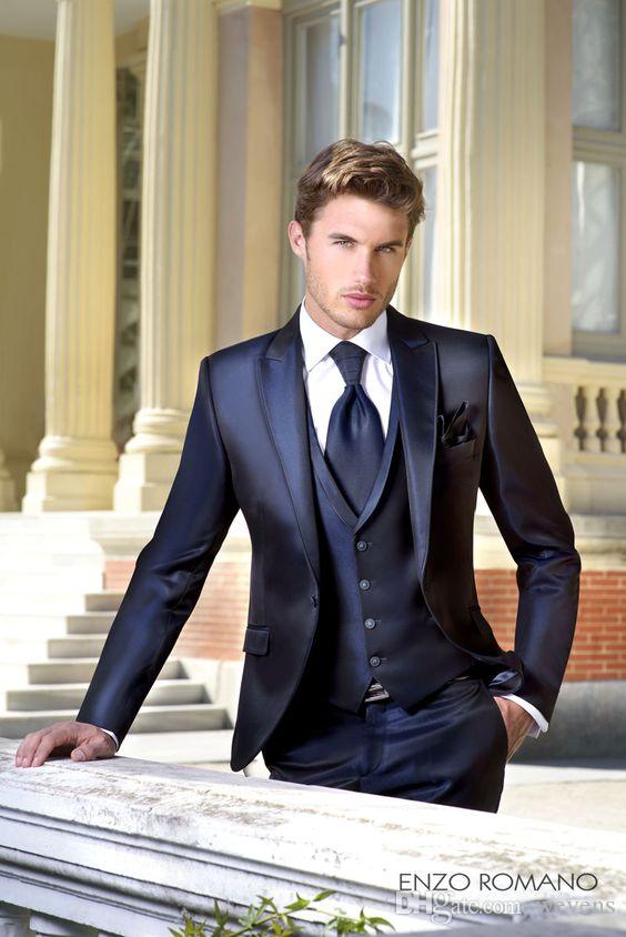 Cheap Dark Navy Wedding Tuxedos Slim Fit Suits For Men Jacket Vest
