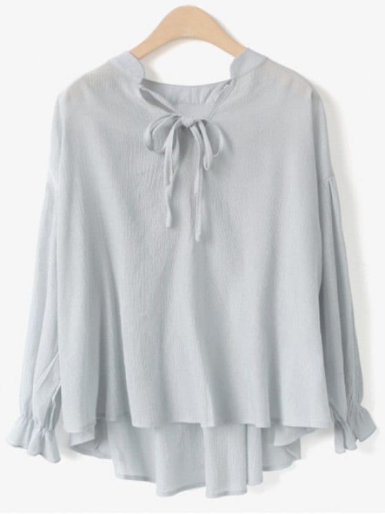 35% OFF] 2019 Long Sleeve V Neck Chiffon Blouse In LIGHT GRAY ONE