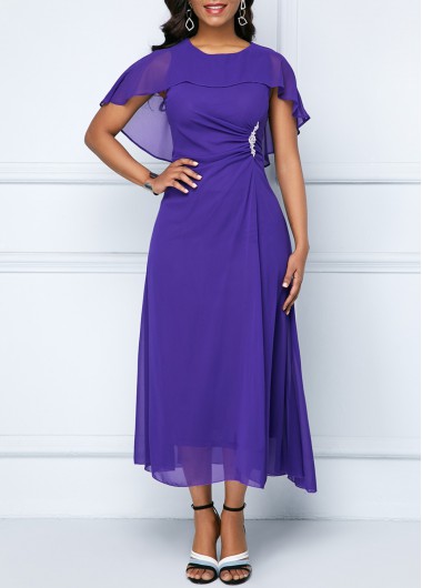 Purple Cape Shoulder Rhinestone Embellished Chiffon Dress | Rosewe