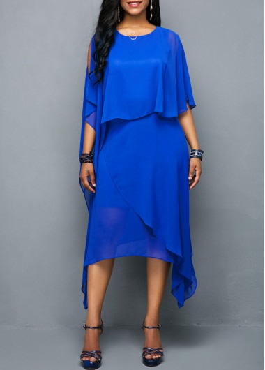 Round Neck Royal Blue Overlay Chiffon Dress | Rotita.com - USD $34.71