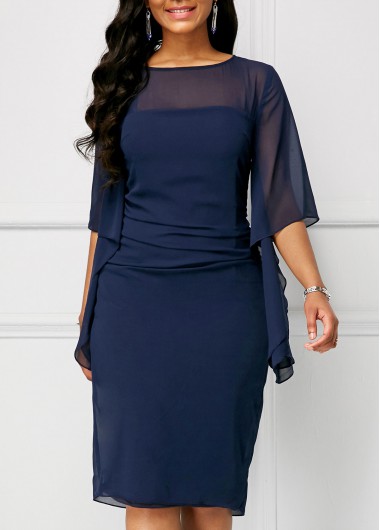 Half Sleeve Chiffon Overlay Navy Blue Dress | Rosewe.com - USD $33.92