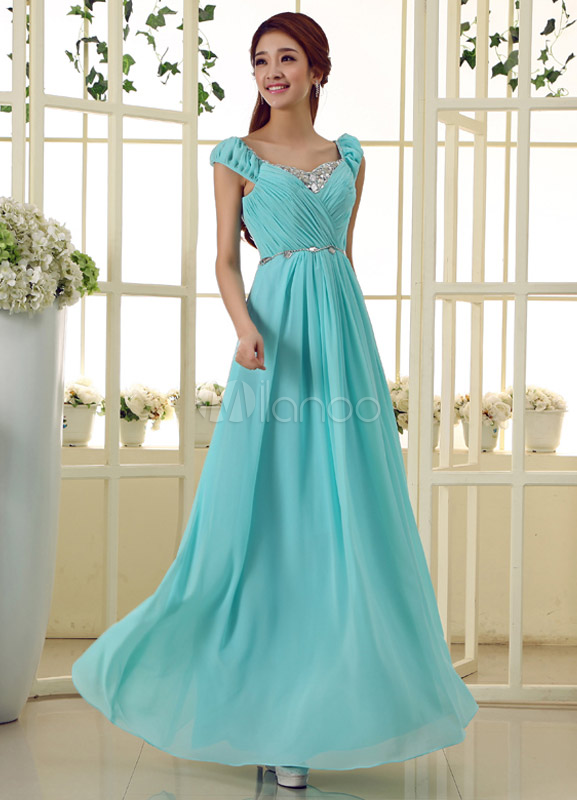 Blue Scoop Neck Sleeveless Beading A-line Chiffon Fashion Prom Dress