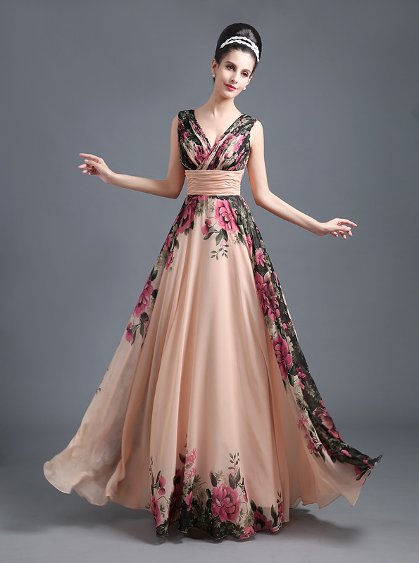 New Fashion Print V-Neck Sleeveless Long Chiffon Summer Prom Dress