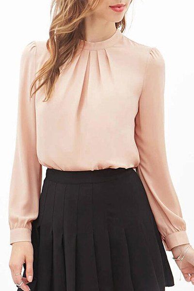 Solid Color Simple Stand Collar Long Sleeve Chiffon Blouse For Women