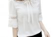 Women white chiffon blouse peter pan collar bow blouse shirt ruffle