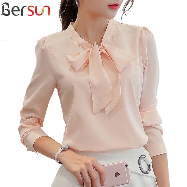 Bersun Spring Autumn The New Korean Casual Chiffon Blouse Shirt Pink