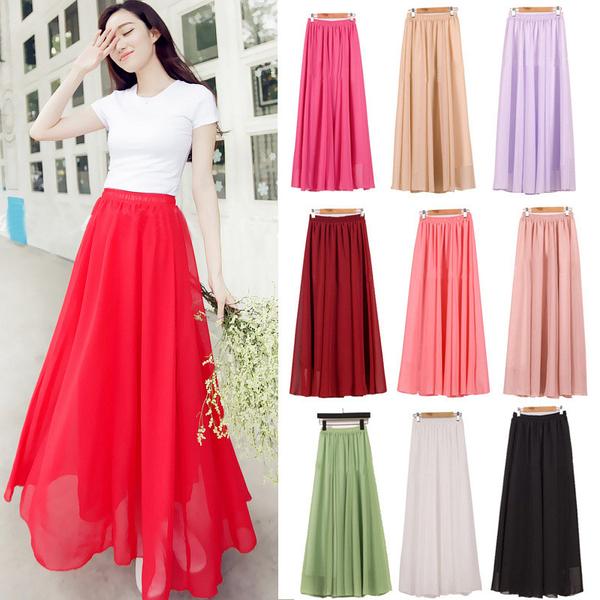 Buy Wholesale Women Chiffon Long Skirts Candy Color Pleated Maxi