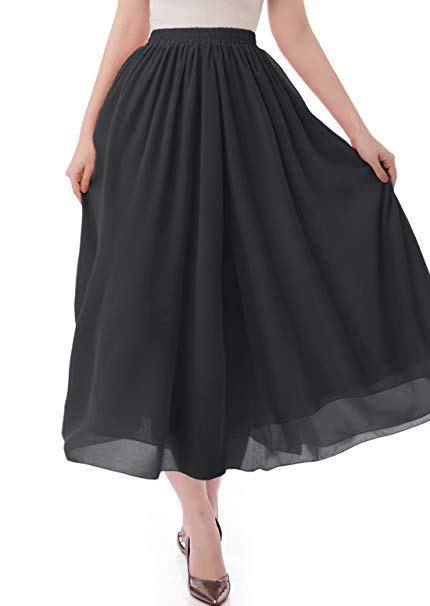 malishow Women's Long Chiffon Skirt Pleated Retro Beach Skirts A