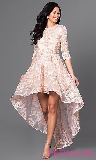 High-Low Lace Party Dress with Three-Quarter Sleeves