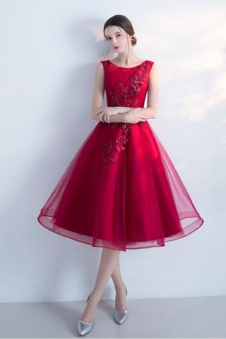 Appliqued A-line Sleeveless Tulle Cocktail Dress,Wine Red Prom