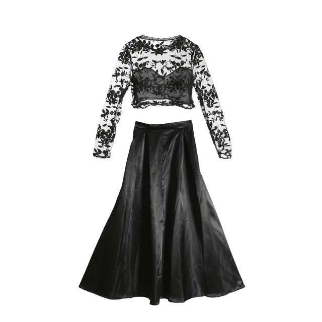 2018 new fashion Women Long Sleeve black lace crop top skirts sets