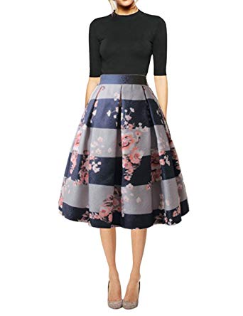 Hanlolo Women's Floral Midi Skirts High Waisted A-Line Cocktail