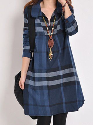 Blue A-line Women Cotton Casual Checkered/Plaid Casual Dress in 2019