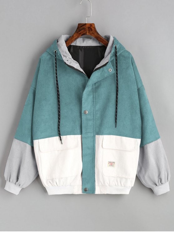 48% OFF] [HOT] 2019 Hooded Color Block Corduroy Jacket In BLUE GREEN