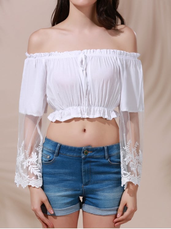 29% OFF] 2019 White Lace Spliced Flare Sleeve Off The Shoulder Crop