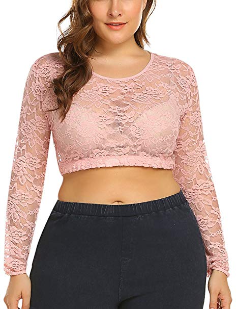 MISELON Women's Lace Floral Mesh Sheer Plus Size Crop Tops Sexy