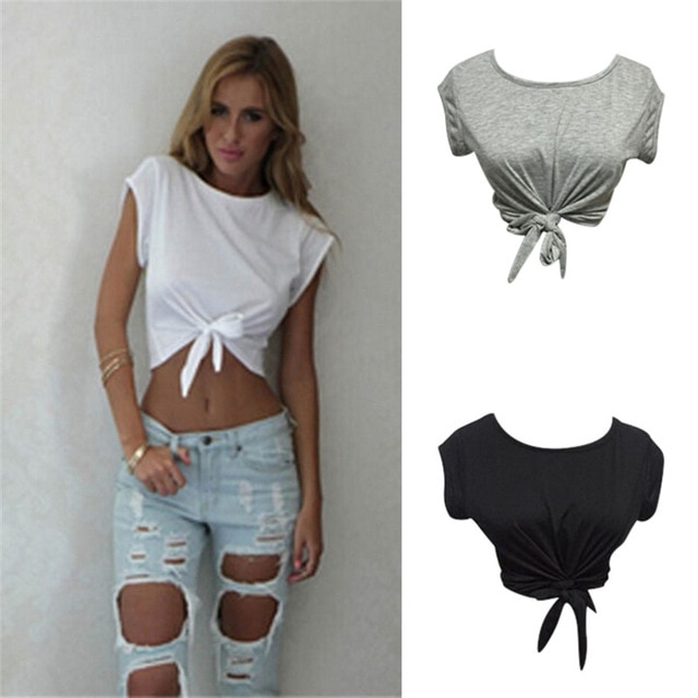 Women Knotted Tie Front Crop Tops Cropped T Shirt Casual Blouse