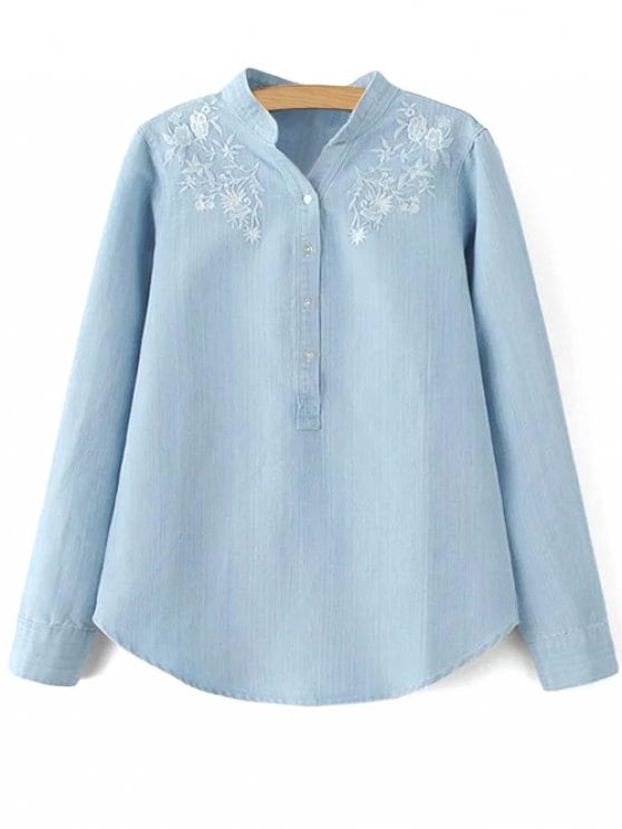 60% OFF] 2019 Stand Neck Floral Embroidered Denim Shirt In LIGHT