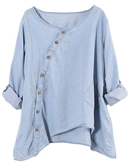 Women's Blouses Round Collar Button Down Jean Denim Shirts Top (One
