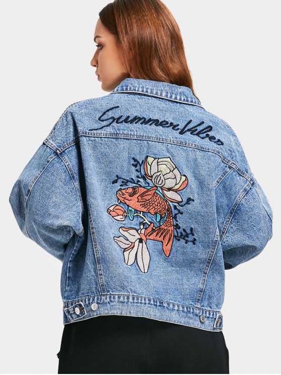 47% OFF] 2019 Button Up Fish Embroidered Denim Jacket In DENIM BLUE