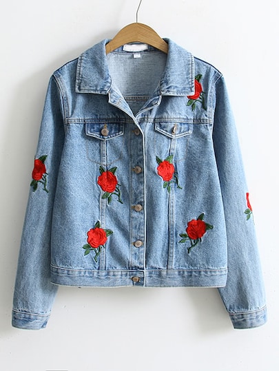 Rose Embroidery Single Breasted Denim Jacket | SHEIN