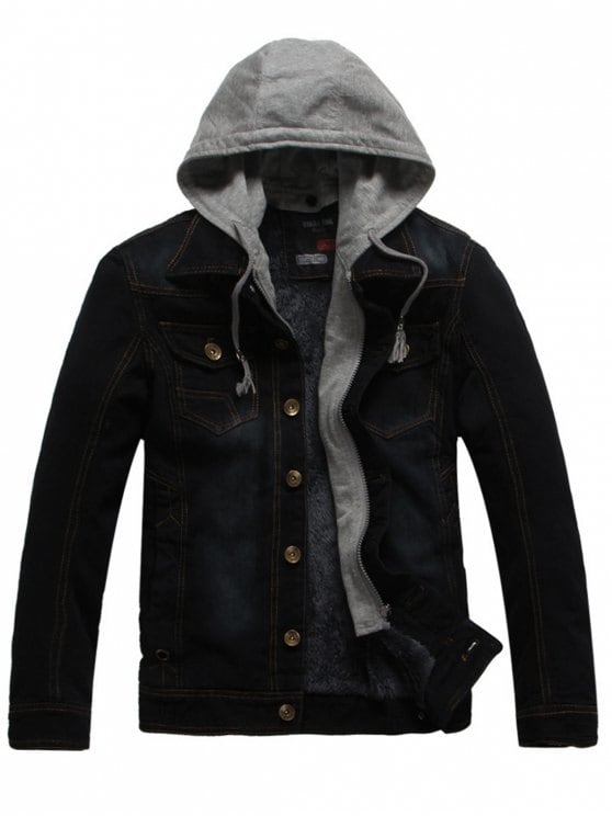 62% OFF] 2019 Faux Fur Lining Zip Hooded Denim Jacket In BLACK 3XL
