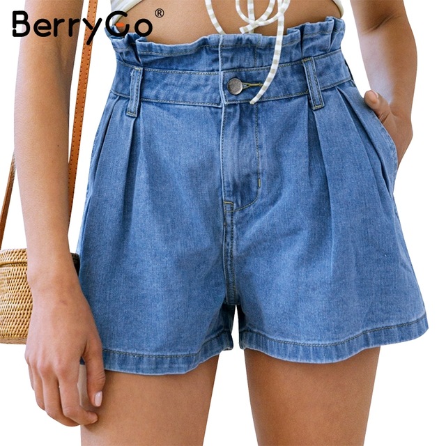 BerryGo Casual ruffle blue denim shorts Women button pocket high