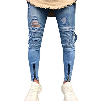 iMakcc Men Distressed Skinny Fit Ripped Zipper Jeans Frayed Slim